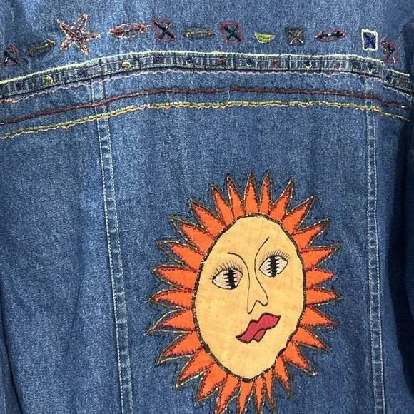 Vintage 90's Artsy Bohohemian Whimsy Celestial Beaded Aztec Denim Jacket Medium - Picture 2 of 11